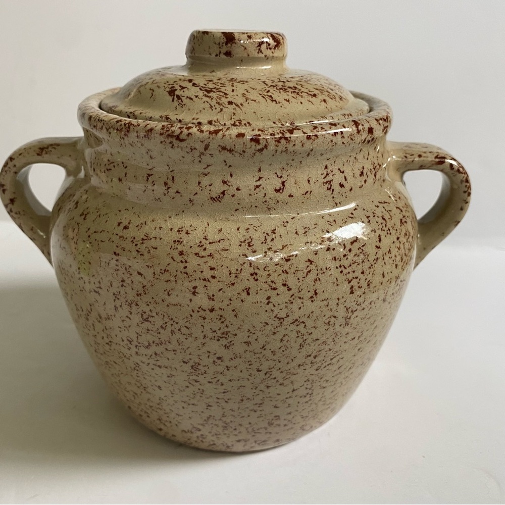 Monmouth Pottery Vintage Crock Canister Jar Bean Pot Shape Maple Leaf Splatter